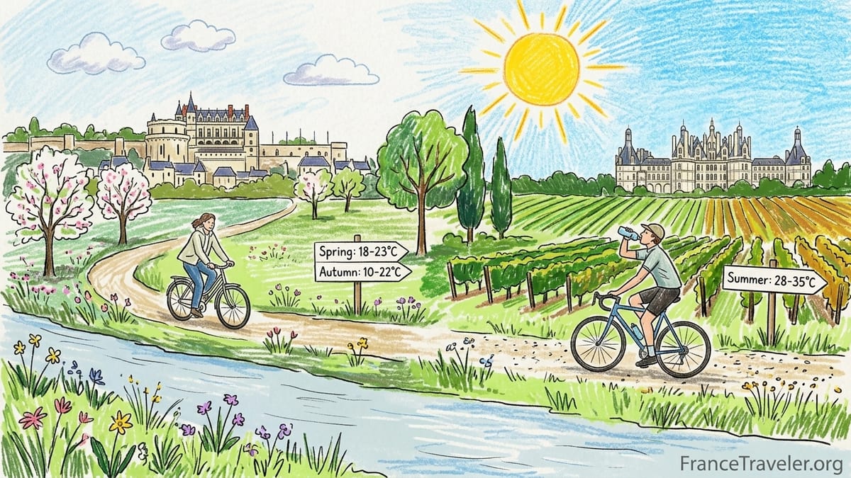 Cyclist on a Loire riverside path at sunset with a Loire Valley château and vineyards in the background.