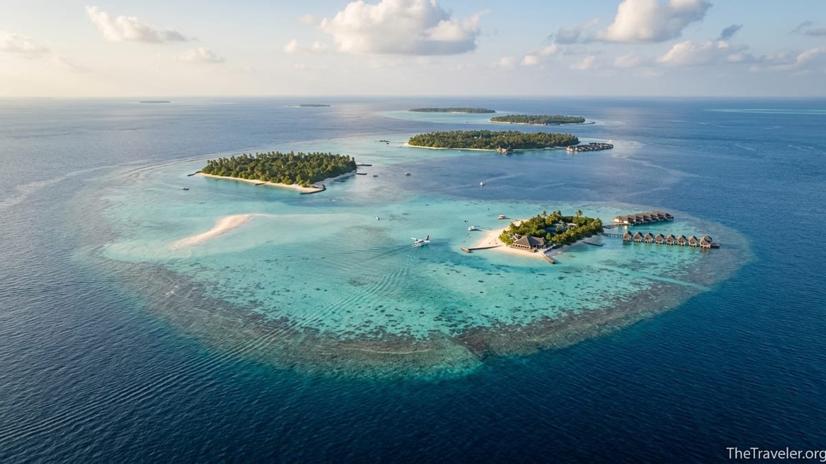 Aerial view of Maldivian islands, turquoise lagoons and overwater villas in clear sunshine.