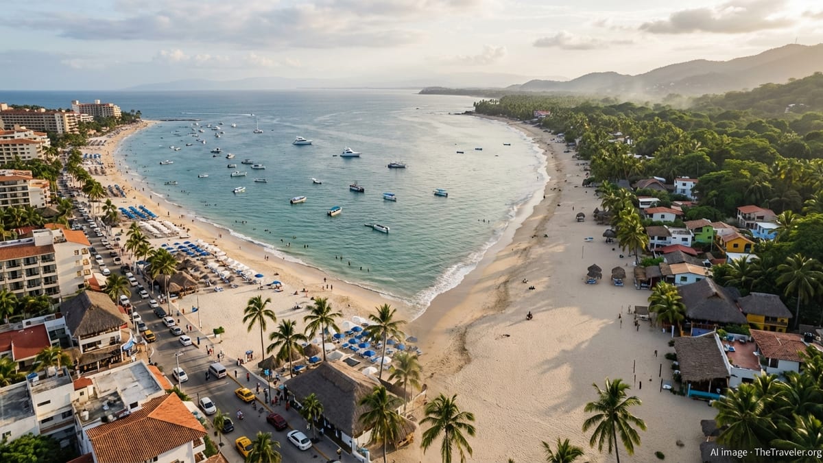 Aerial view of a busy Mexican beach resort fading into a quieter, greener shoreline at sunset.