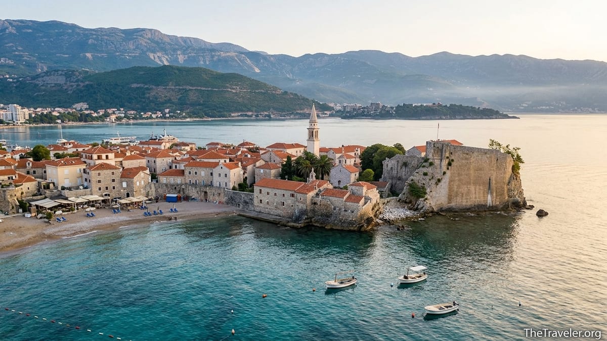 Sunrise over Budva old town on Montenegro’s coast with calm sea and distant mountains.
