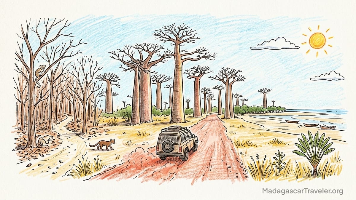 Aerial view of Morondava’s Avenue of the Baobabs in dusty dry-season light at sunset.