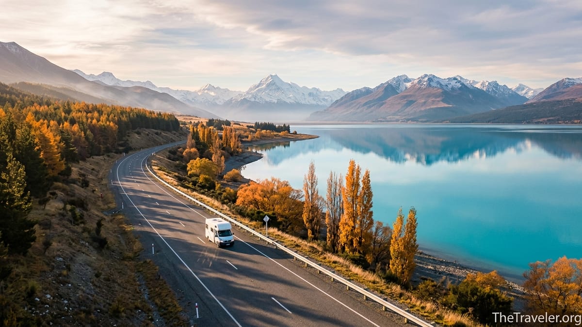 Campervan driving beside a turquoise South Island lake toward snow capped New Zealand mountains in soft autumn light.