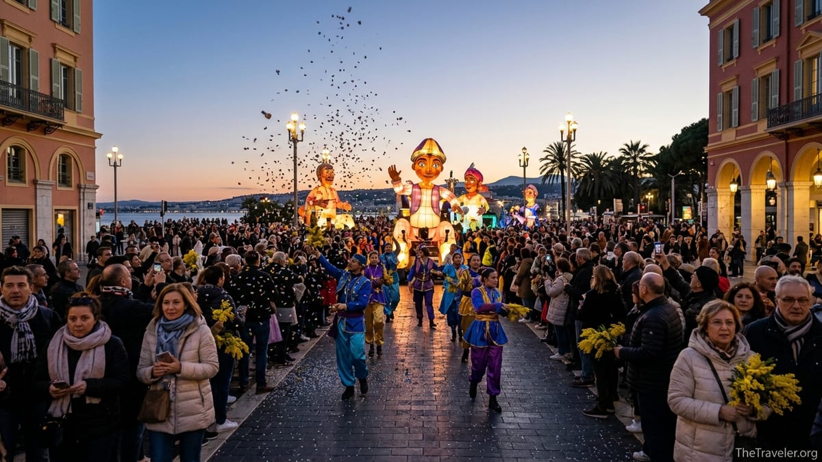 Evening parade at Nice Carnival with illuminated floats and crowds along Place Masséna.