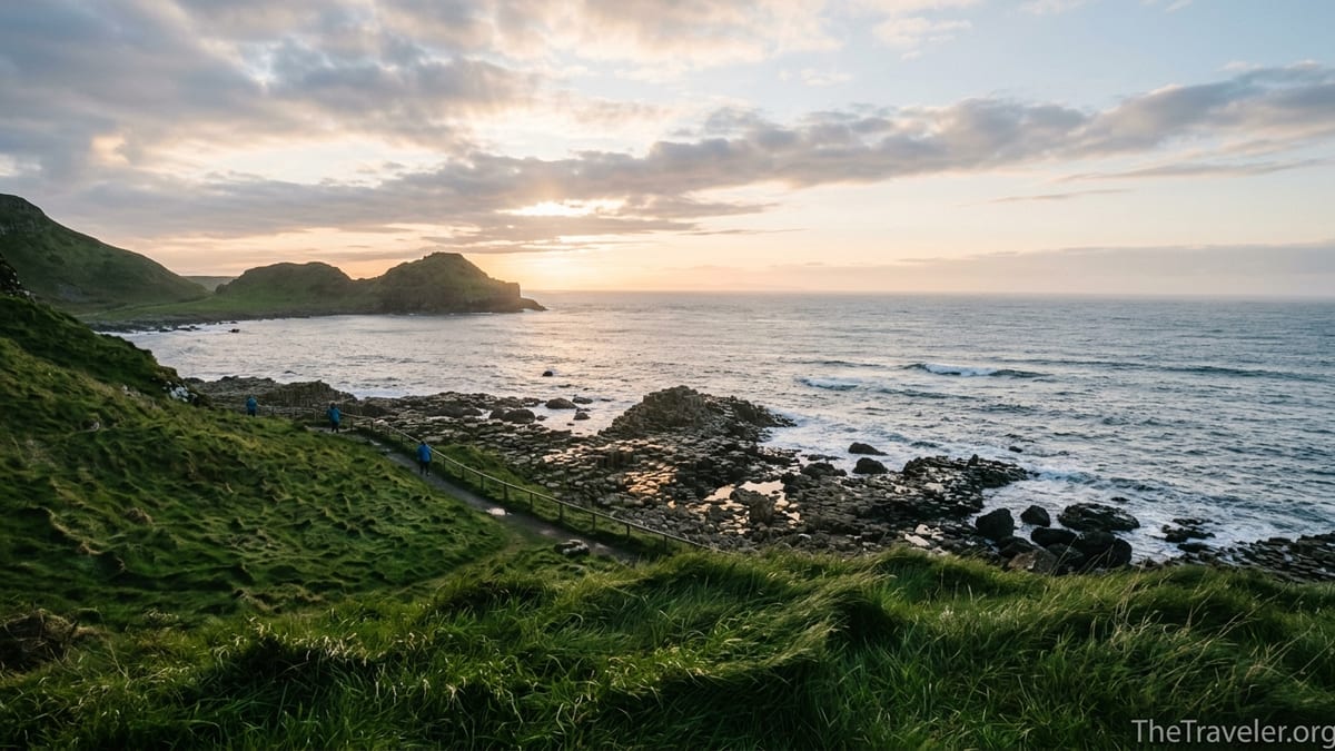 Golden hour view over the Giant’s Causeway and cliffs on Northern Ireland’s Causeway Coast.