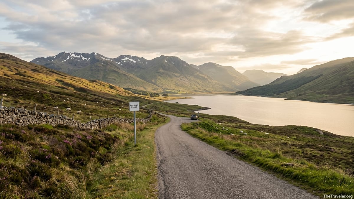 Curving single track road beside a Scottish loch and mountains in soft golden spring light.