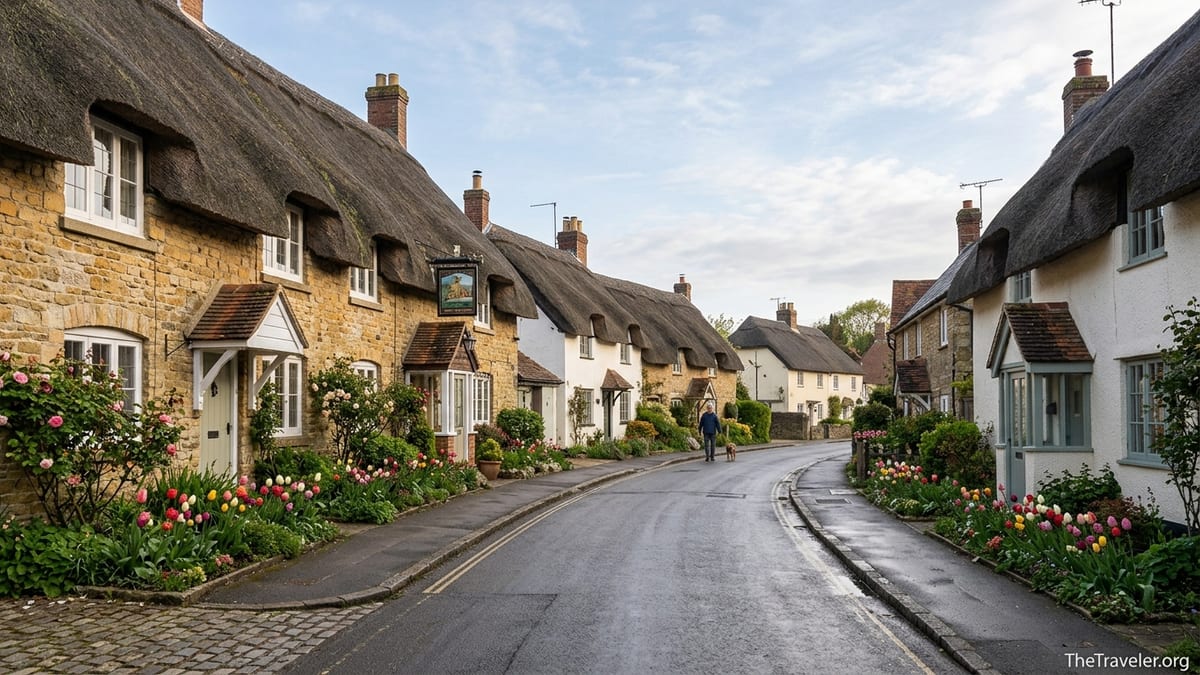 Quiet early morning view of thatched cottages in Shanklin Old Village in soft spring light.