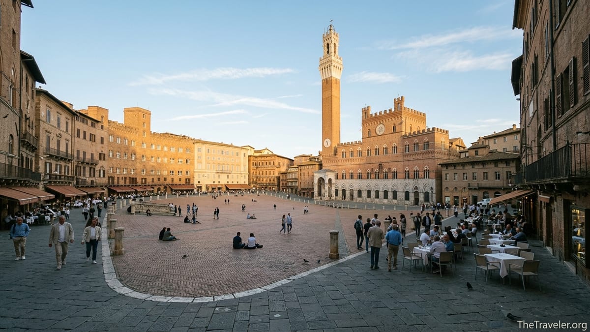 Early evening view of Siena’s Piazza del Campo with light autumn crowds and warm golden light.