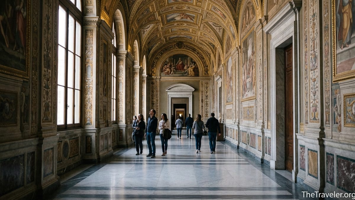 Quiet early morning corridor of the Vatican Museums with few visitors walking toward the Sistine Chapel.