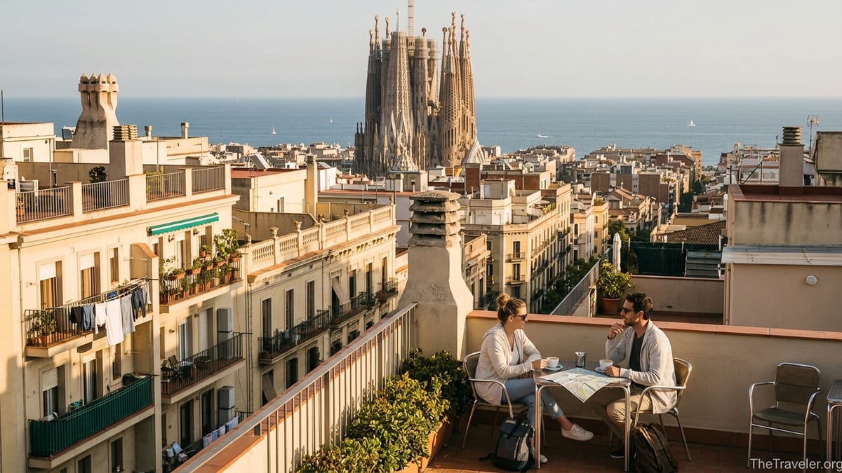 Golden hour view over Barcelona rooftops toward the Sagrada Família and Mediterranean Sea in early autumn.