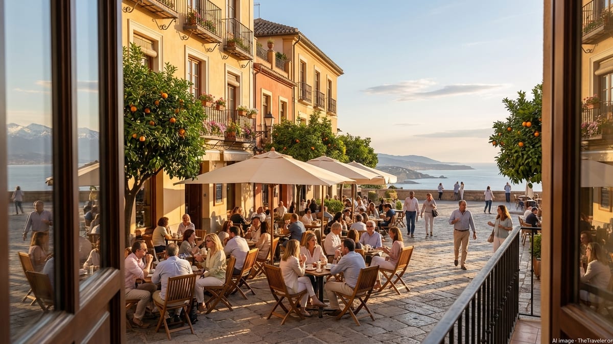 Sunlit Spanish plaza with café terraces at golden hour and distant coastline views.