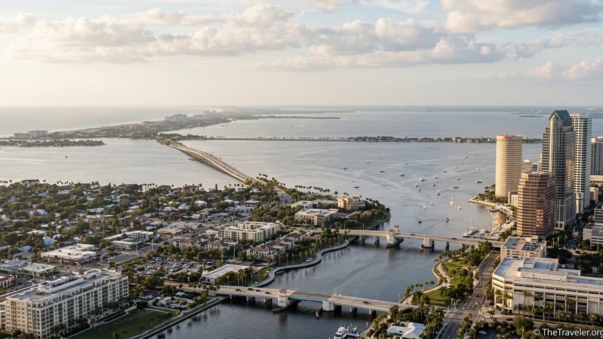 Aerial view of downtown Tampa and Tampa Bay at golden hour looking toward Gulf beaches.