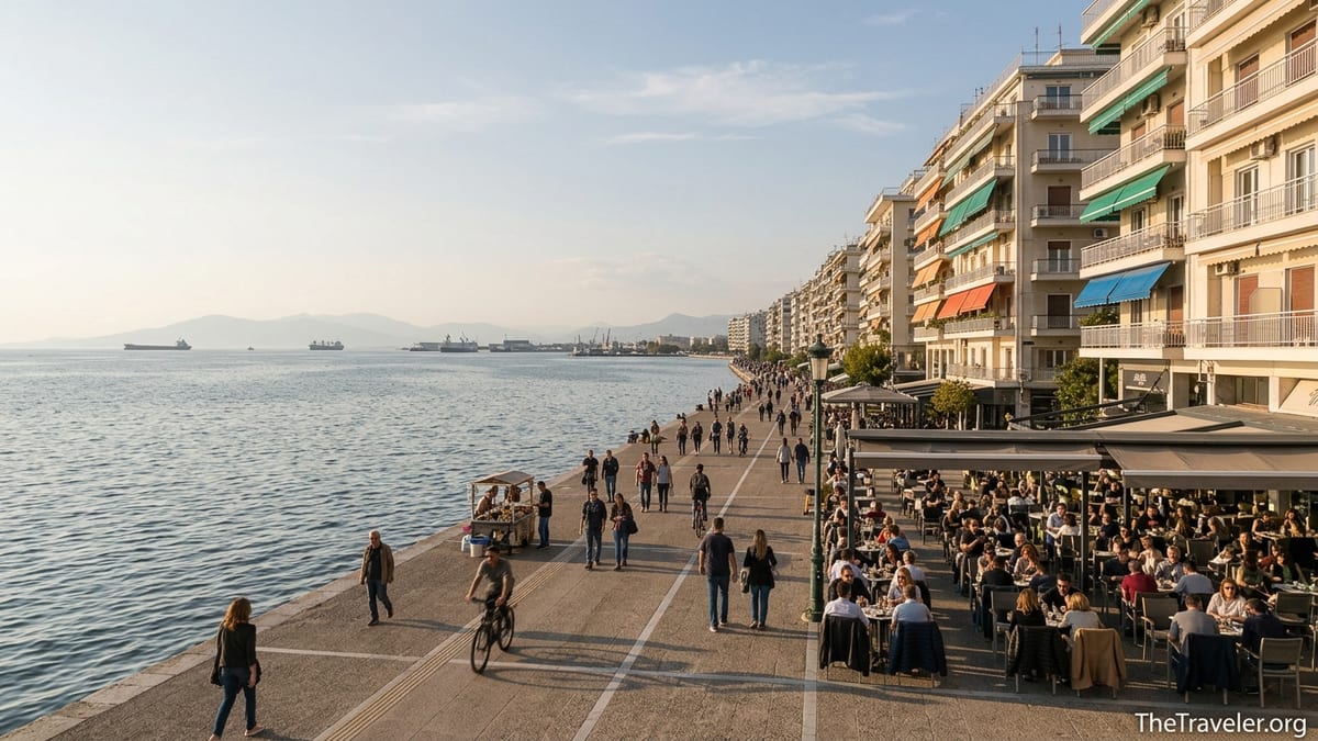 Thessaloniki waterfront promenade in soft autumn light with people walking and cafes busy