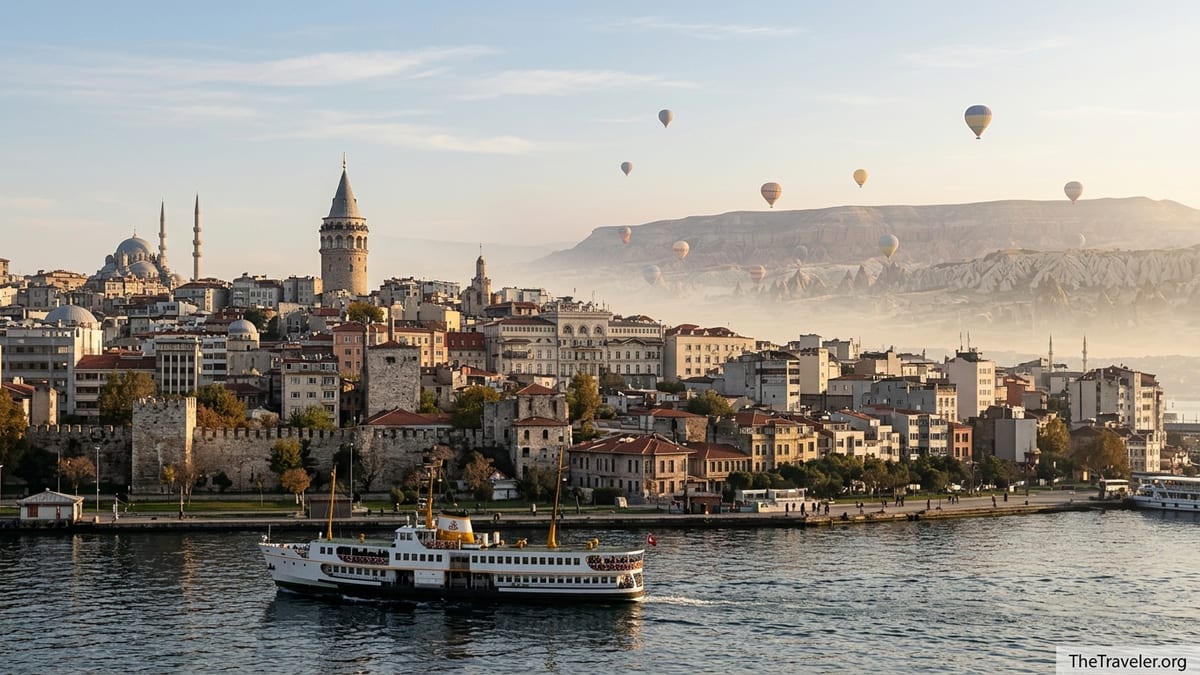 Sunrise over Istanbul’s Bosphorus with distant Cappadocia balloons in clear autumn light.