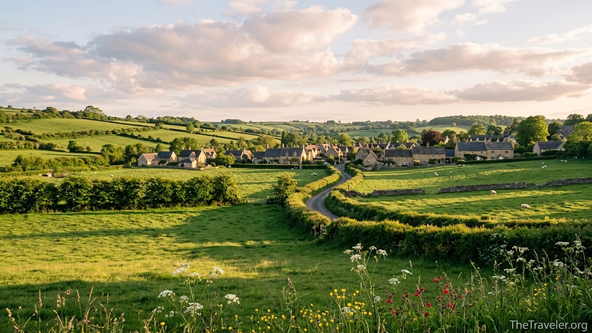 Golden-hour view over Cotswolds village and rolling green fields in late spring.