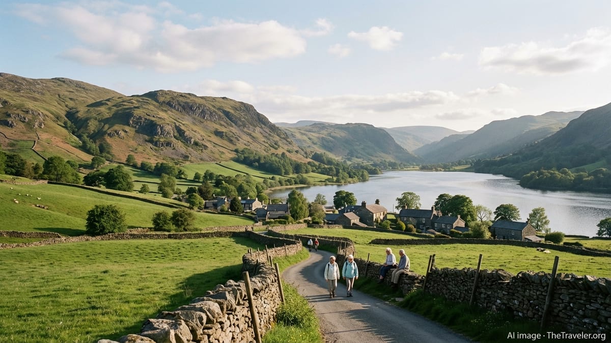 Early summer view over a Lake District valley with stone village, lake and green hills under soft afternoon light.