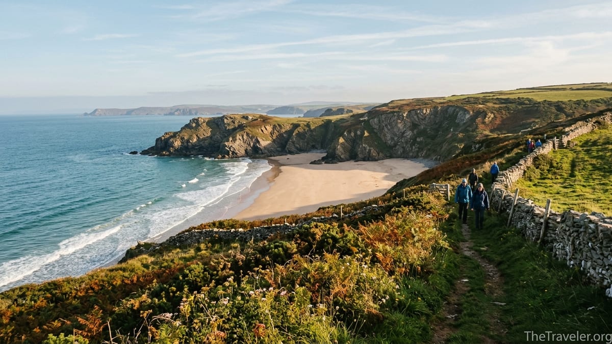 Hikers on a Welsh coastal path above a wide sandy bay at golden hour