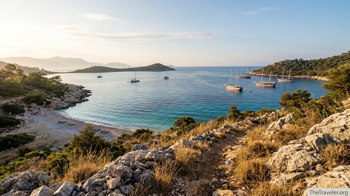 Sunrise over a calm turquoise bay on the Turkish Riviera with sailboats anchored below a rocky coastal trail.