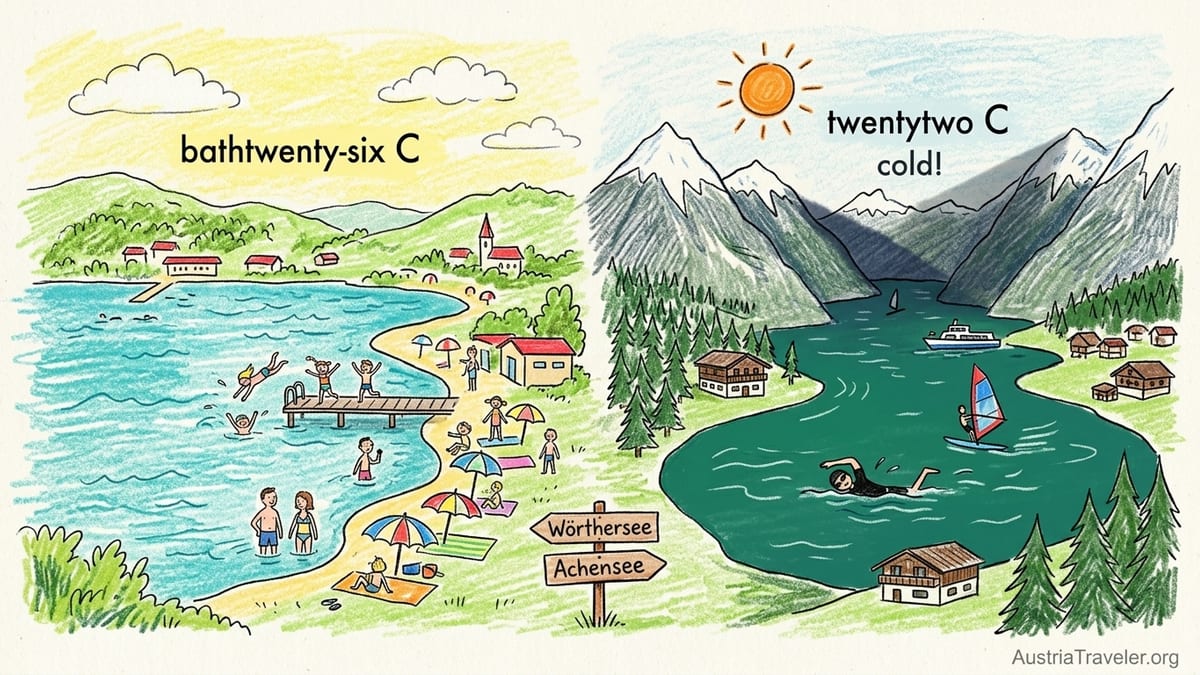 Turquoise Austrian lake with swimmers, boat and mountains under summer clouds.