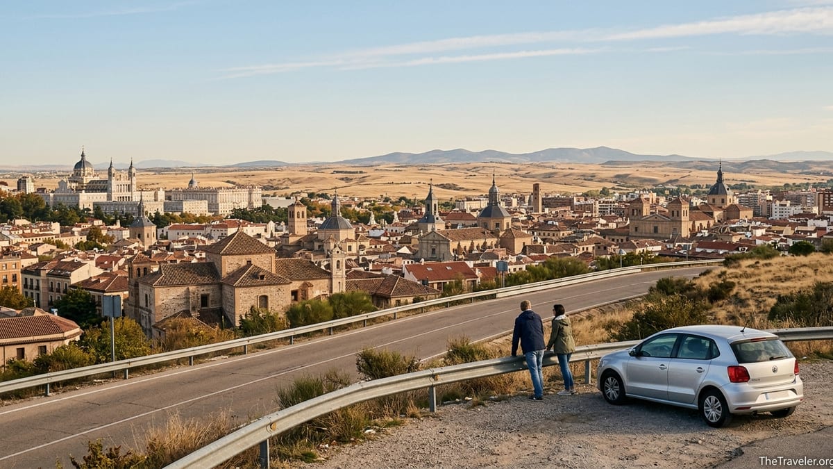 View over Madrid and the surrounding Castilian plateau in warm light with a road leading into the countryside.
