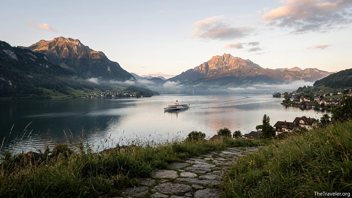 Early autumn sunrise over Lake Lucerne with Rigi and Pilatus in the distance and a boat crossing the calm water.