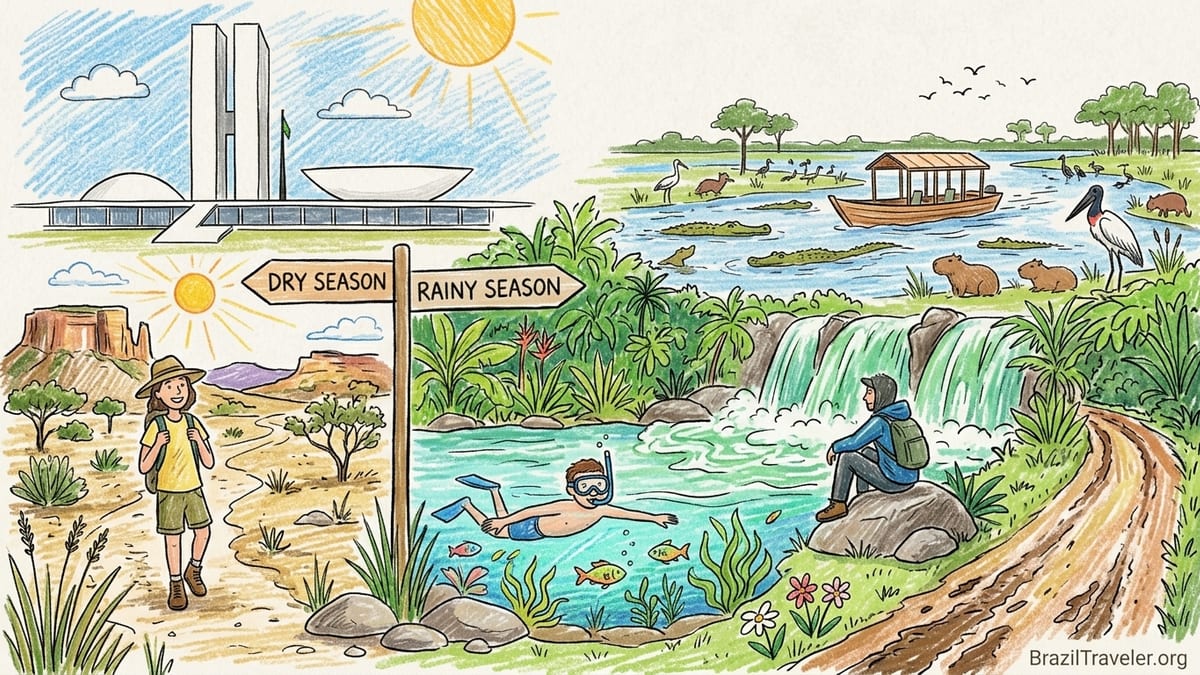 Central-west Brazil landscape with waterfalls, clear rivers and Pantanal wetlands