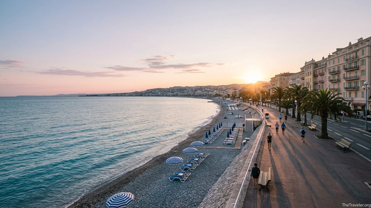 Quiet early-morning beach scene on the French Riviera with calm sea and soft sunrise light.