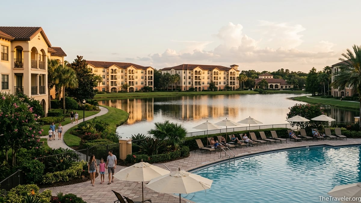 Hilton Grand Vacations Tuscany Village Orlando at golden hour with pool and lake views.