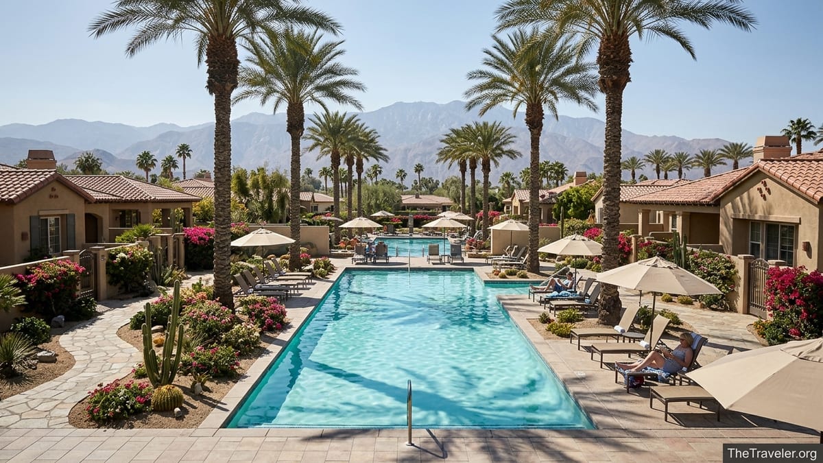 Resort pool at Marriott Vacation Club Desert Springs with palm trees and mountain backdrop on a sunny spring day.