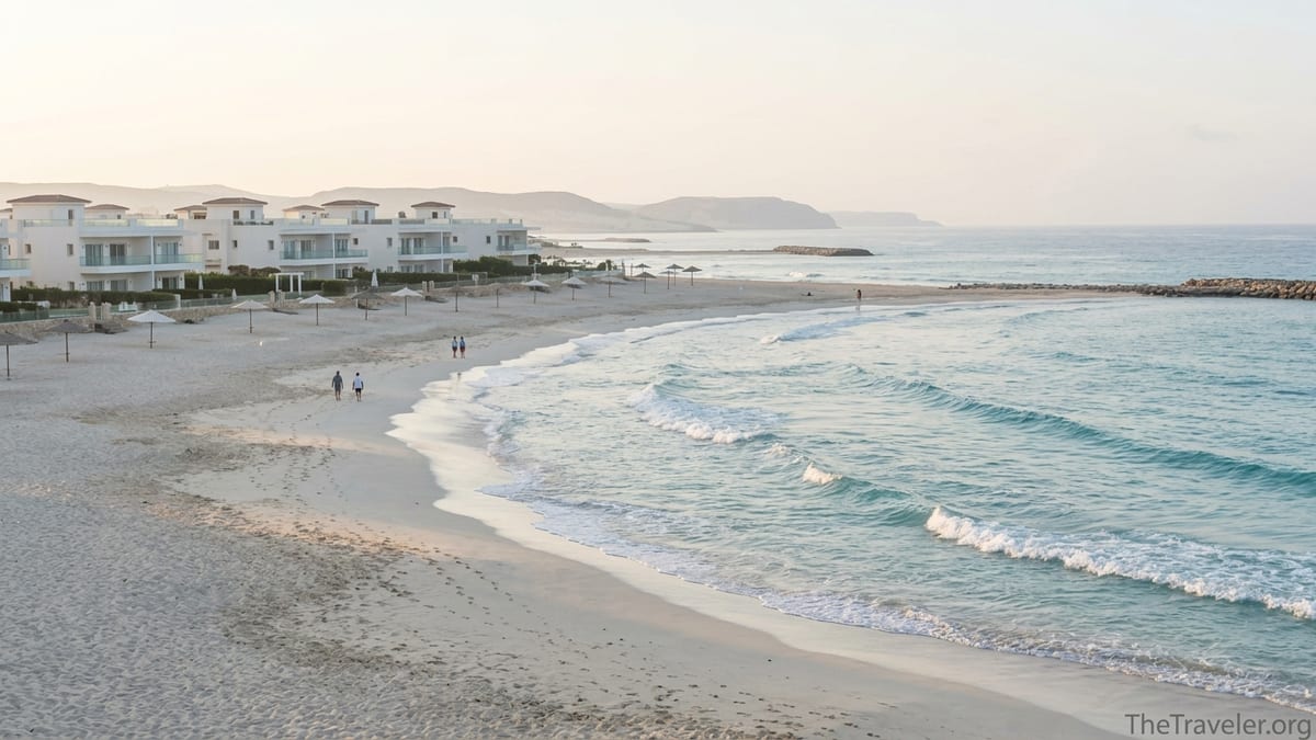 Early morning sun over a quiet sandy beach and low white villas on Egypt’s Mediterranean North Coast.