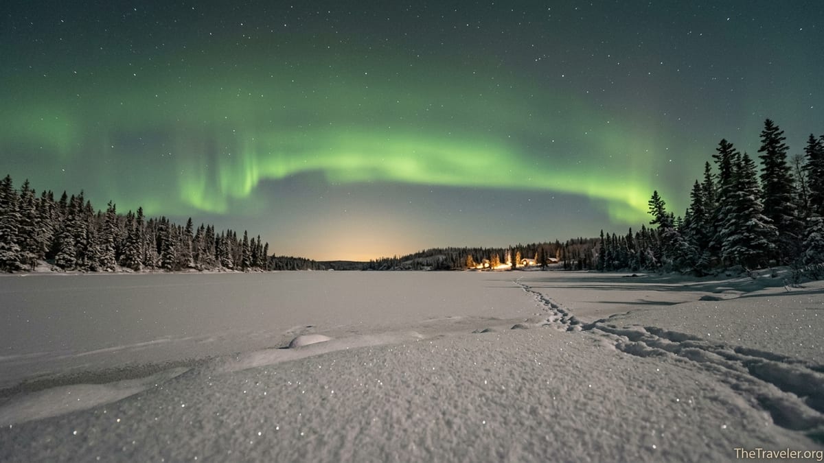 Aurora over a frozen northern Canada lake with snowy trees and distant cabins at night.