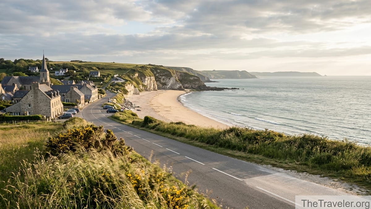 Coastal road curving above a quiet beach and stone village on the northern France shoreline at golden hour.