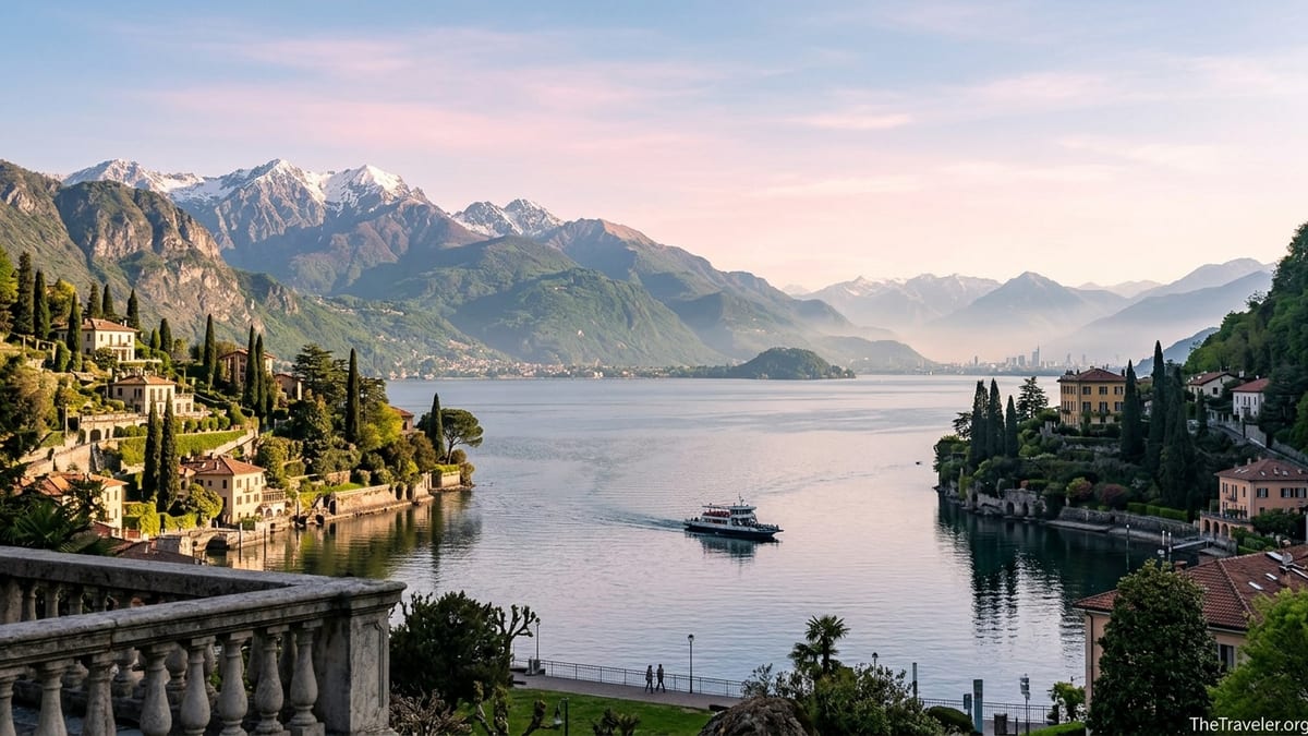 Sunrise view over Lake Como with distant Dolomite peaks and lakeside villages.