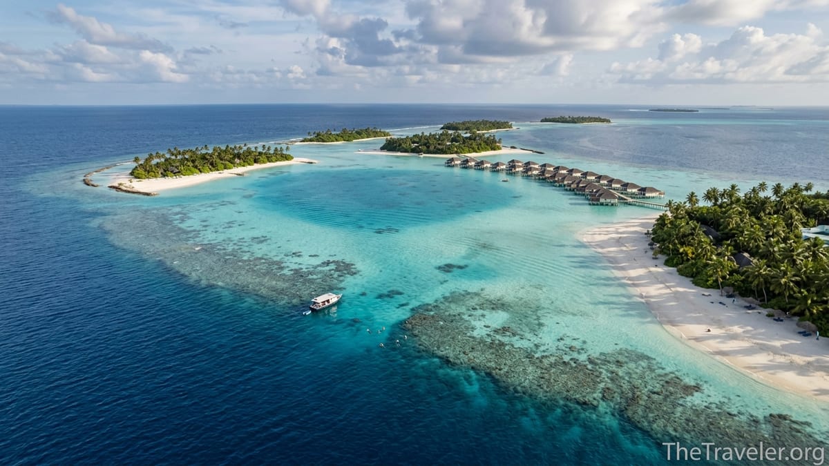 Aerial view of northern Maldives atoll with overwater villas, lagoon and reef in soft afternoon sun.