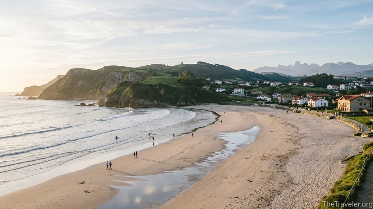 Sunrise over a crescent beach on Spain’s lush northern coast with hills and distant mountains.