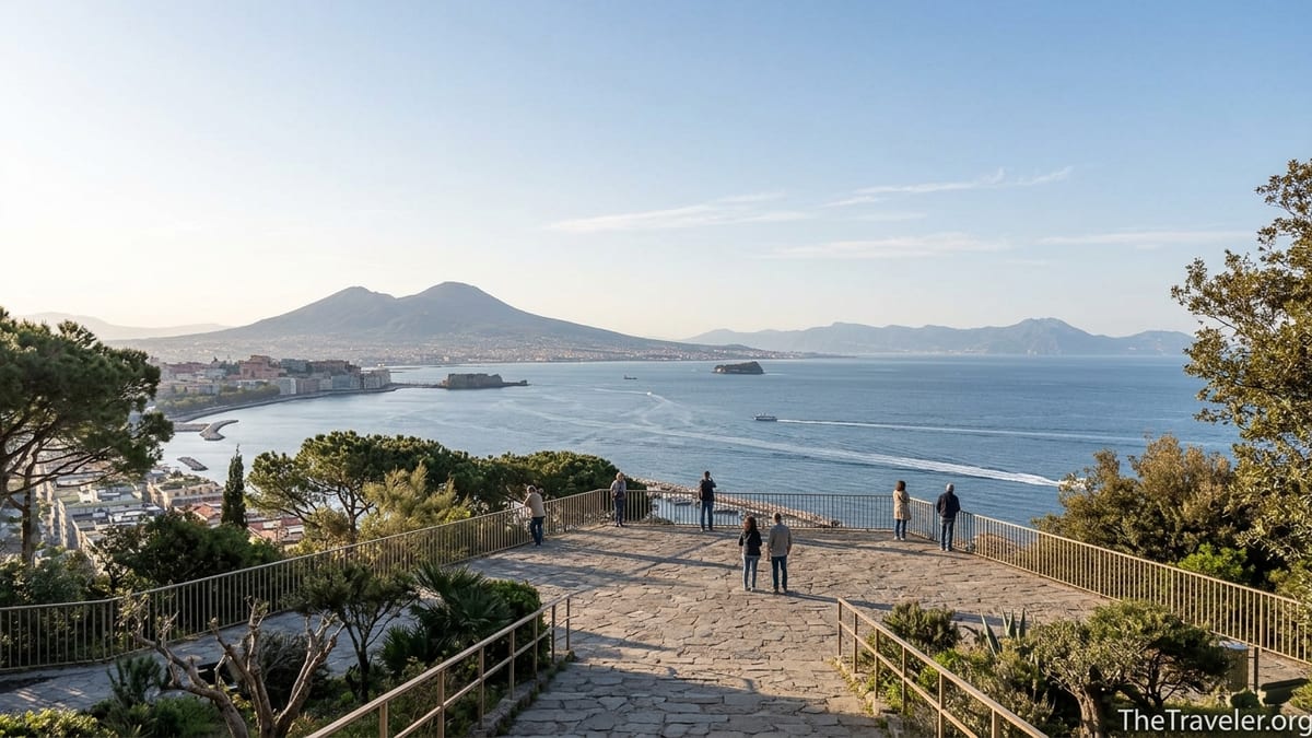 Panoramic morning view over the Bay of Naples from a terrace in Parco Virgiliano.
