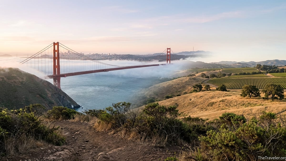 Golden Gate Bridge in summer fog with sunlit hills and distant vineyard landscape.