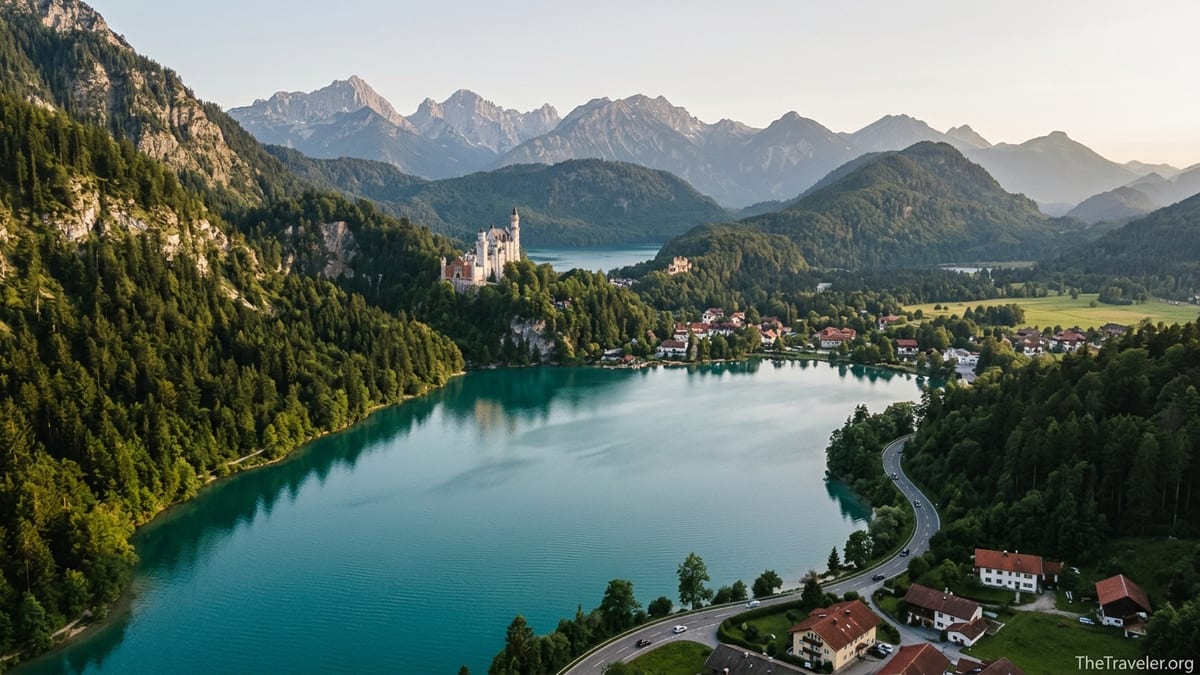 Late summer view of a Bavarian alpine lake, village and distant Alps under warm afternoon light.
