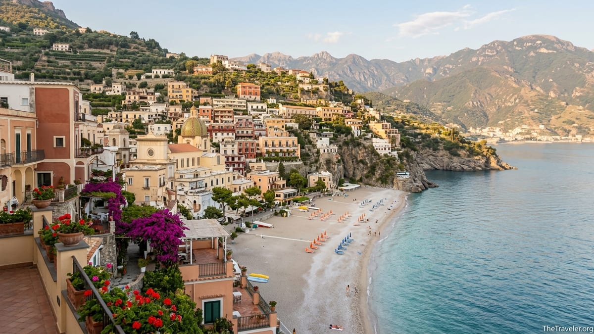 Quiet late-summer beach below a pastel cliffside town on the southern Italian coast.