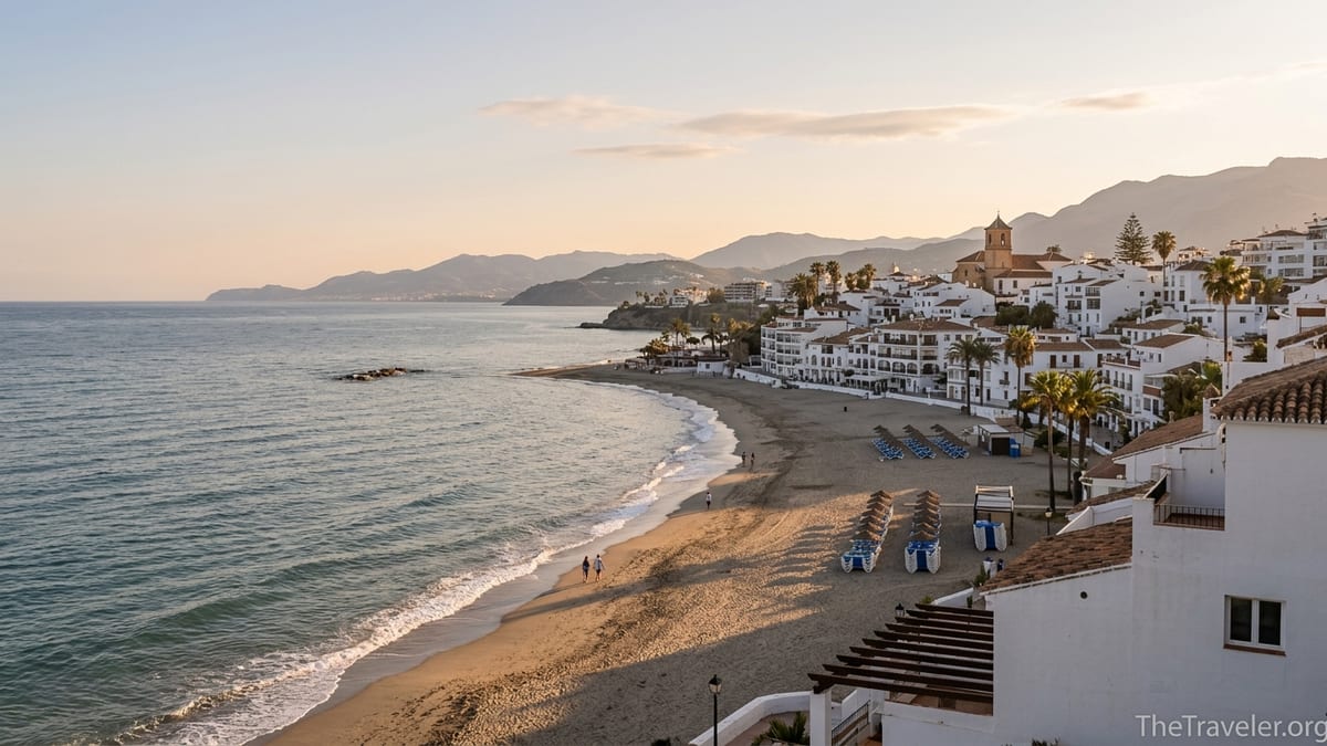 Sunrise over a southern Spain beach with whitewashed town and distant mountains.