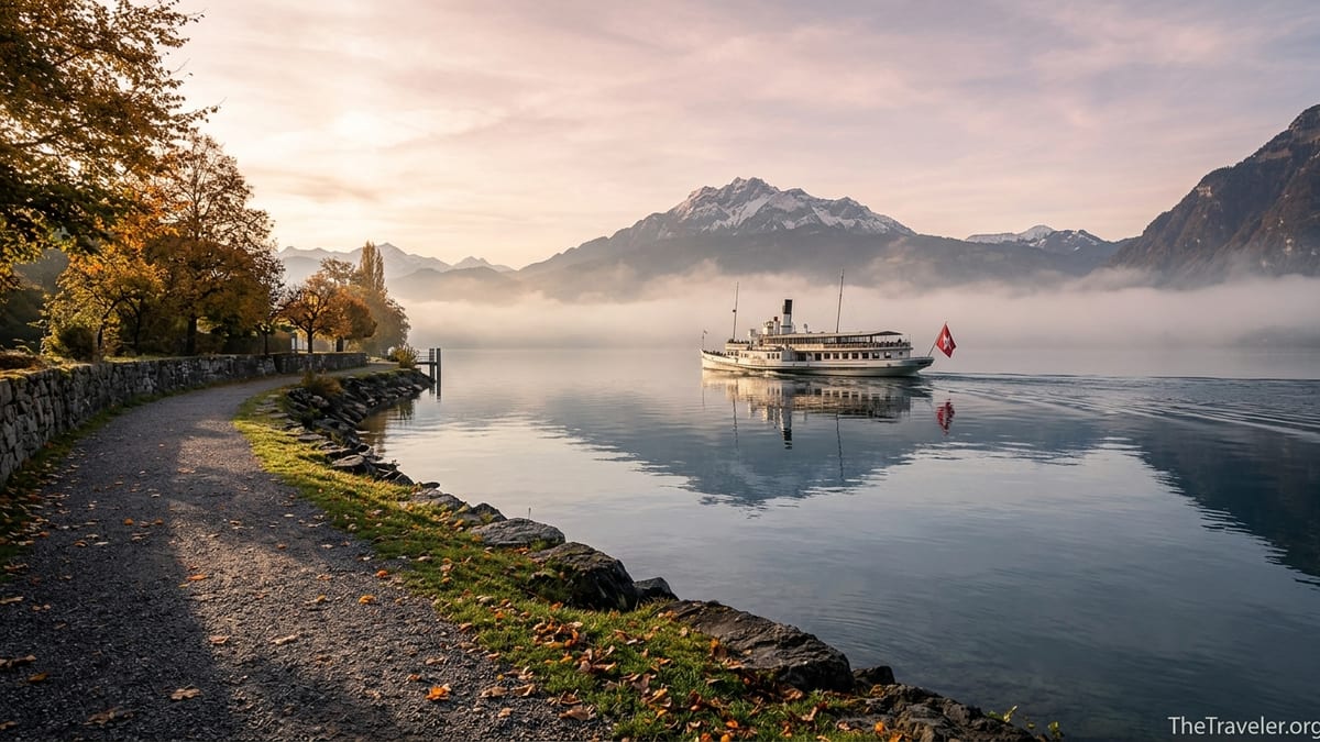 Early autumn sunrise over Lake Lucerne with a passing steamer and golden trees along the shore.