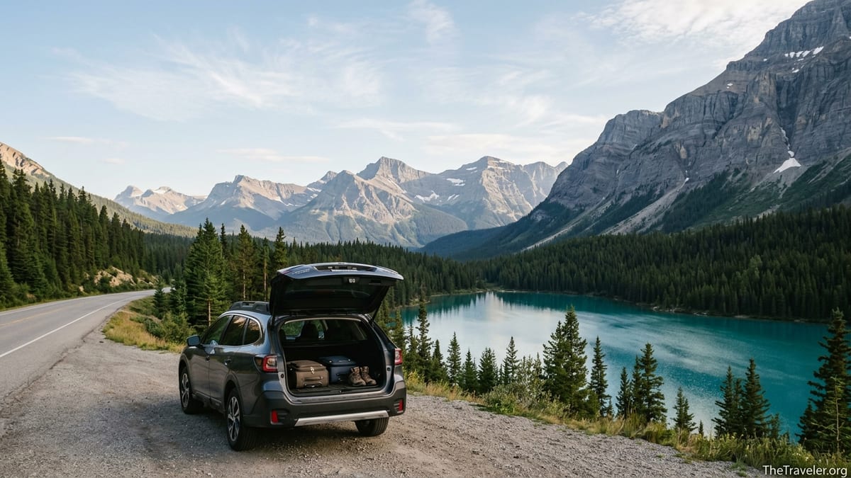 Summer road trip stop on the Icefields Parkway overlooking a turquoise lake and snowy Rockies peaks.