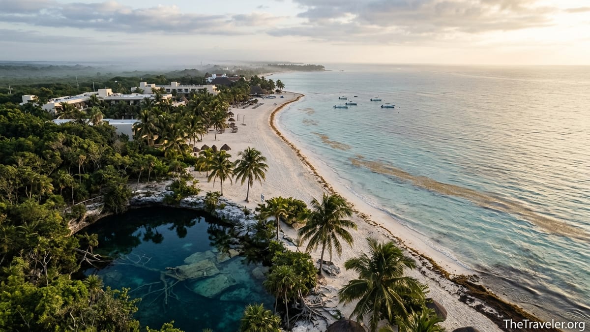 Early morning view of a Yucatán beach and nearby jungle cenote under soft golden light.