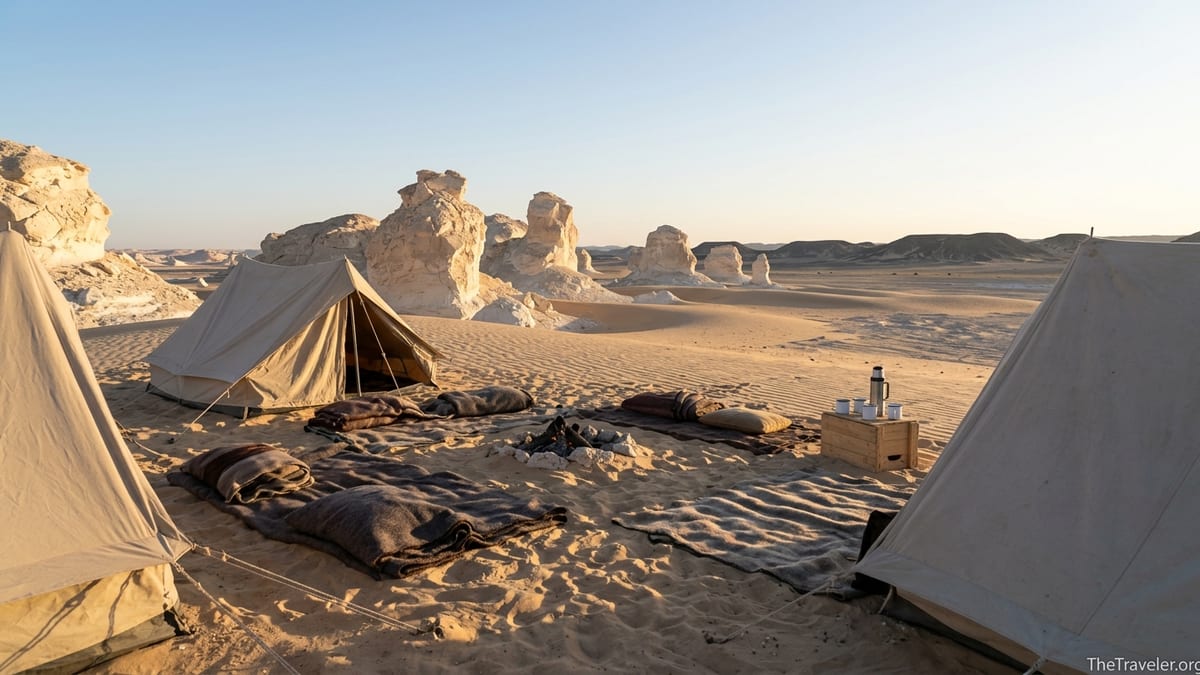 Sunrise camp on the edge of Egypt’s White Desert near Bahariya with tents and chalk formations.