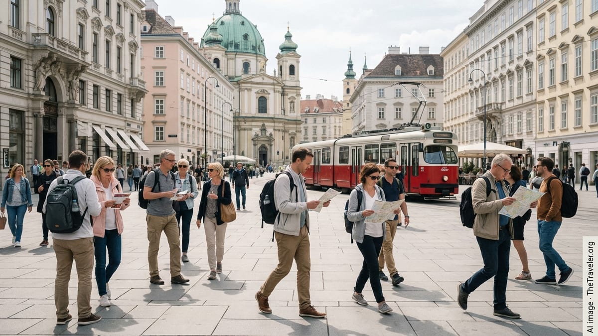 Travelers walking through a central square in Vienna holding tourist passes and maps.
