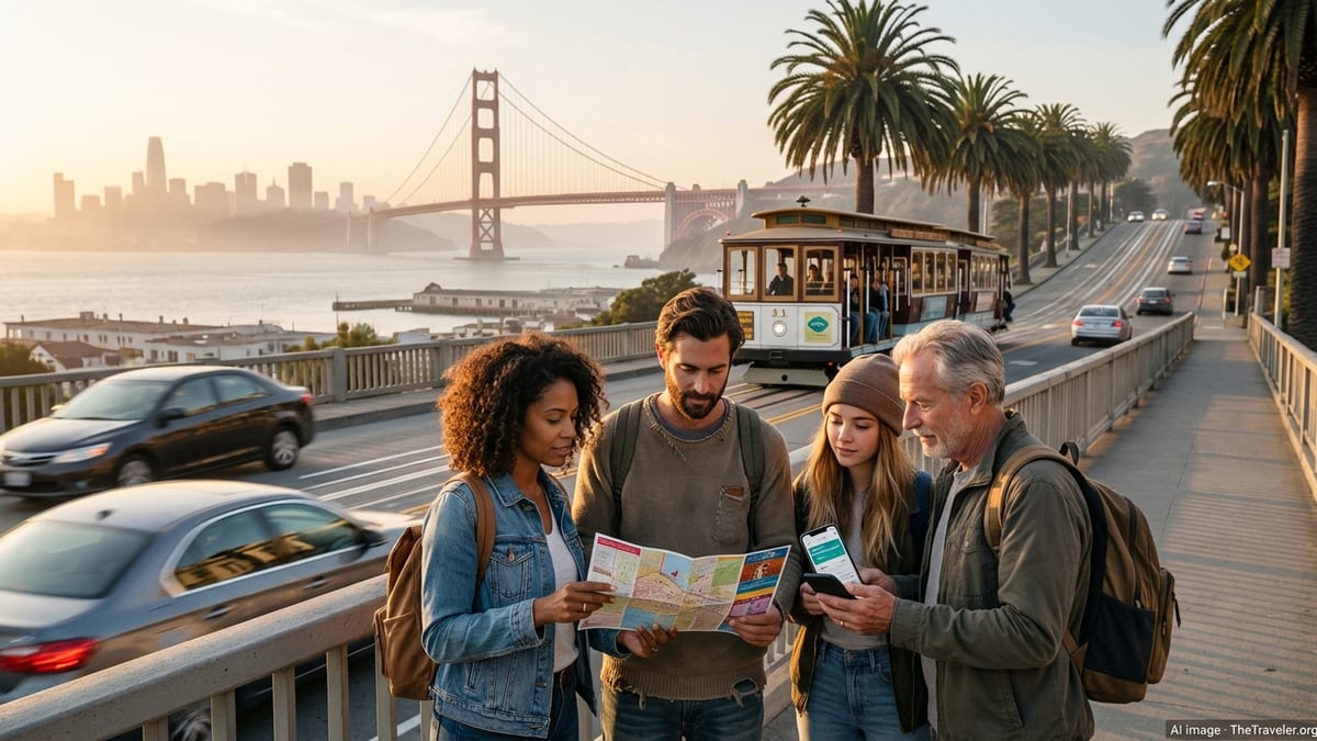 Travelers in California holding city passes overlooking San Francisco and Golden Gate Bridge at golden hour.