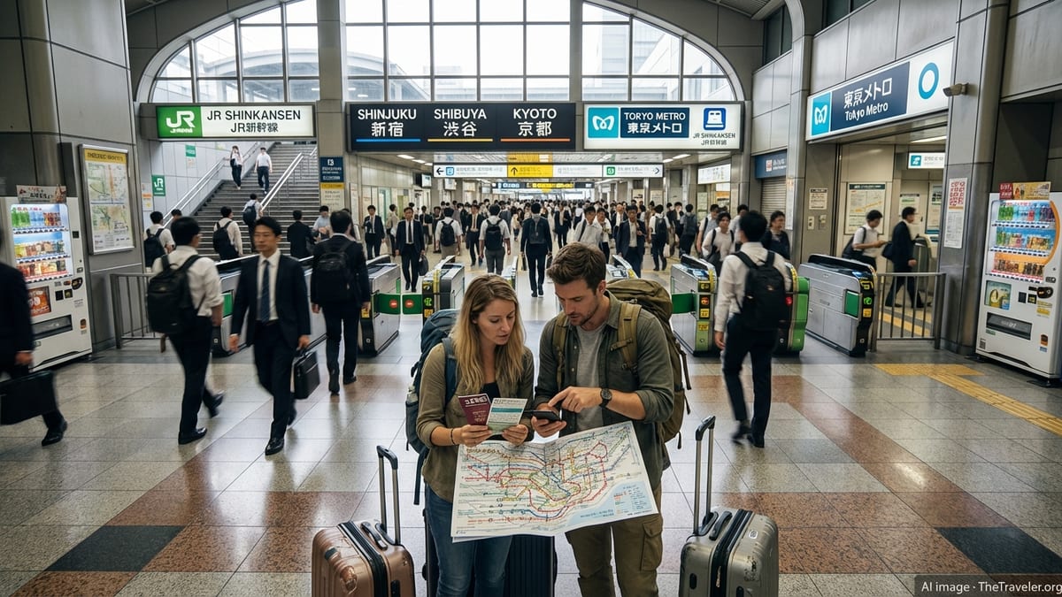 Travelers holding Japan rail and subway passes in a busy Tokyo station hub.