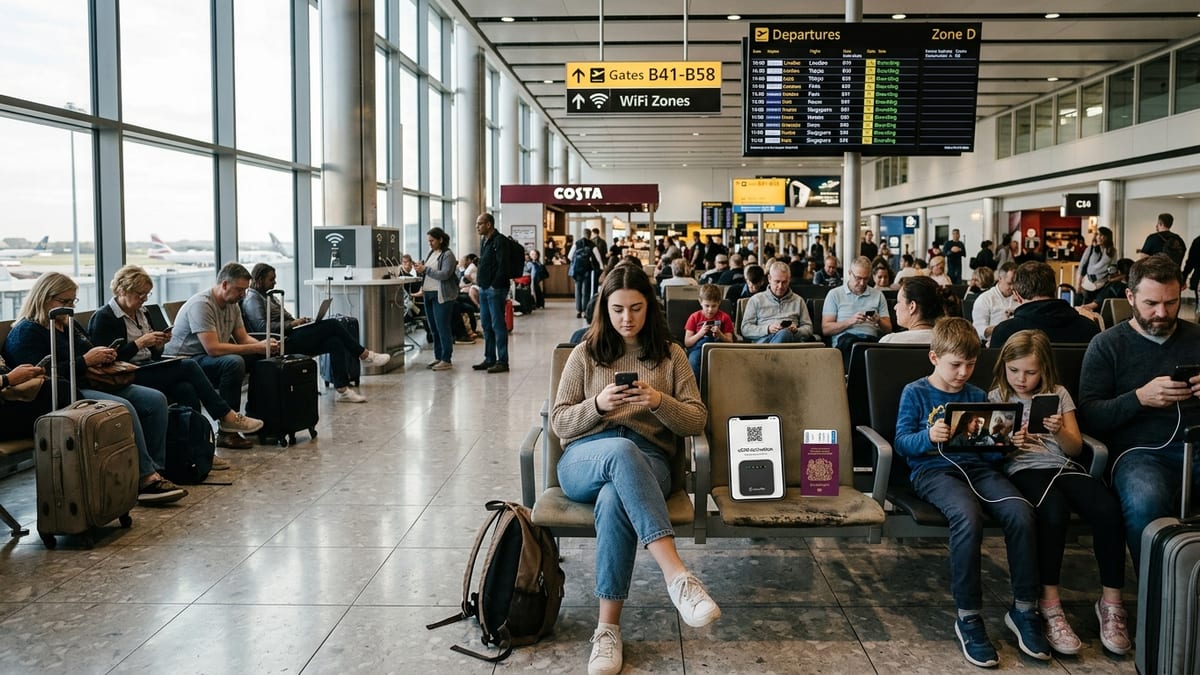 Travelers using phones and devices at an airport while staying connected online.