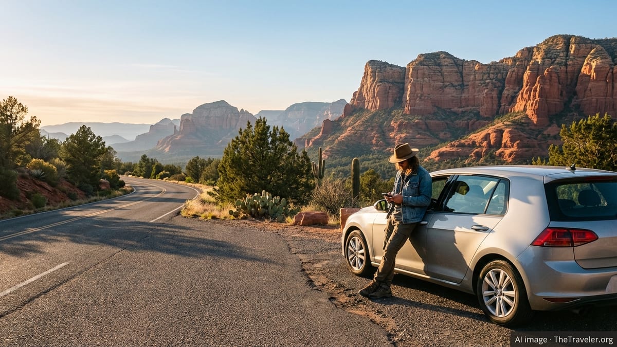 Traveler with a car at an Arizona desert overlook holding a credit card at sunset.