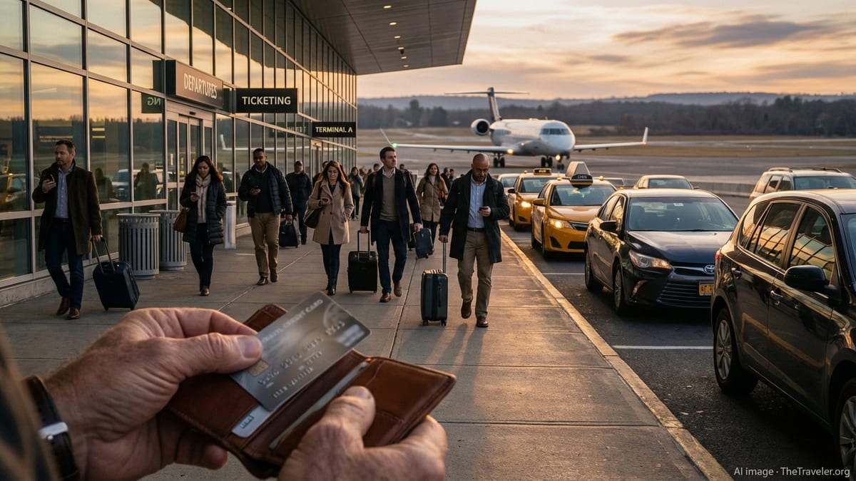 Traveler holding a credit card outside Bradley International Airport at sunset