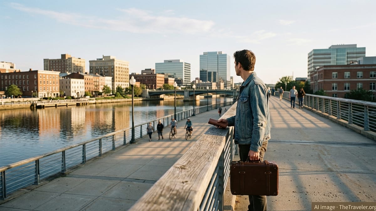 Traveler with suitcase on Wilmington Delaware riverfront bridge preparing for a trip.